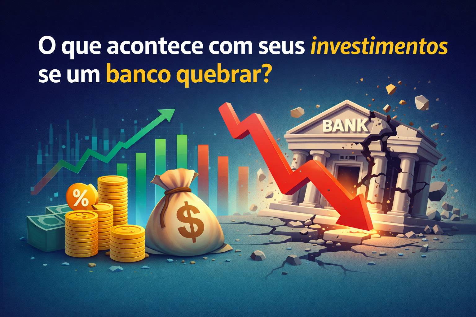Ilustração sobre o que acontece com seus investimentos quando um banco quebra, mostrando riscos financeiros, queda de mercado e proteção do investidor.
