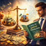 Homem de terno lendo um livro sobre educação financeira, com balança simbolizando escolhas entre dinheiro e qualidade de vida, representando finanças comportamentais.