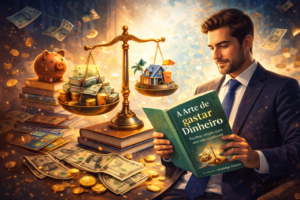Homem de terno lendo um livro sobre educação financeira, com balança simbolizando escolhas entre dinheiro e qualidade de vida, representando finanças comportamentais.
