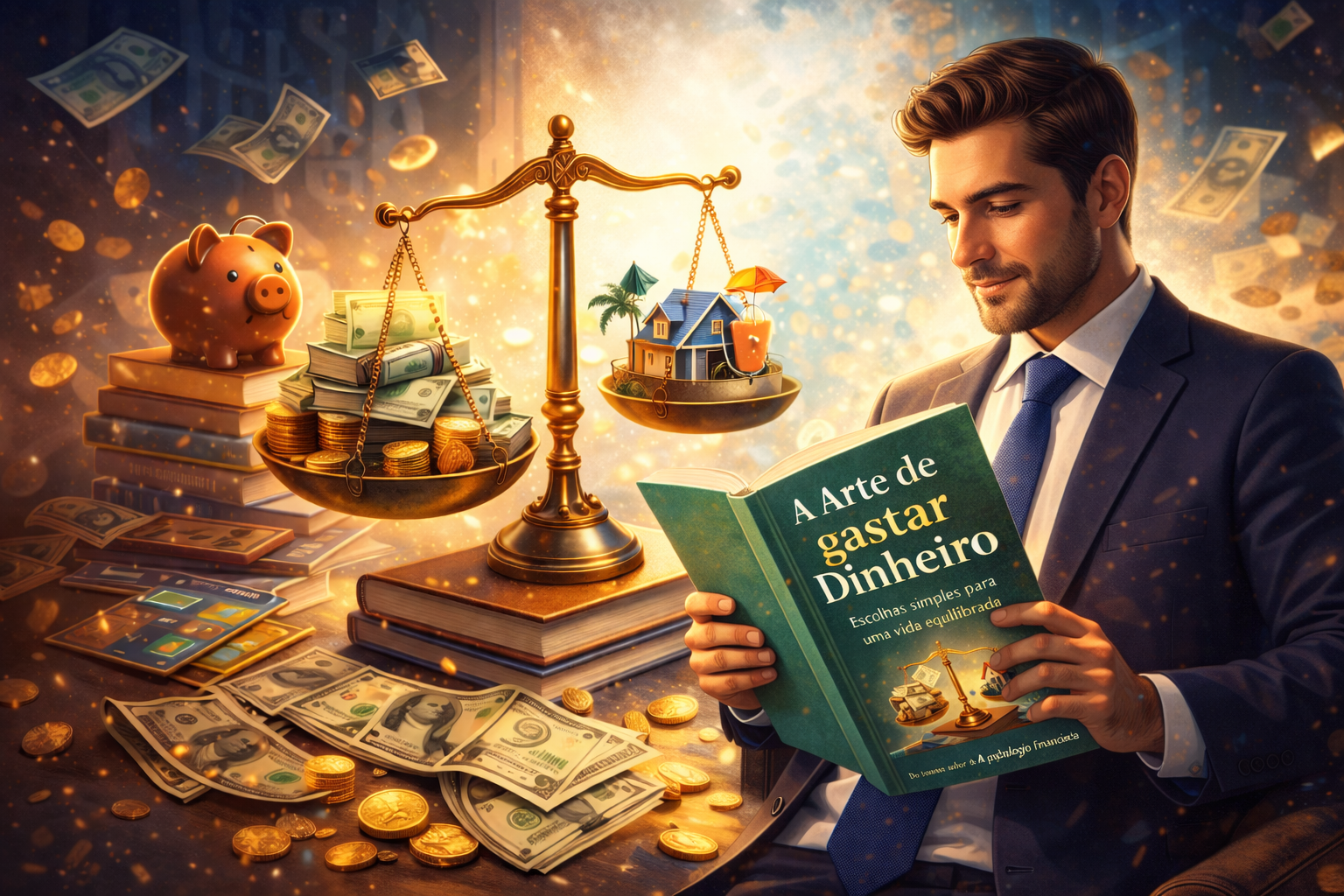 Homem de terno lendo um livro sobre educação financeira, com balança simbolizando escolhas entre dinheiro e qualidade de vida, representando finanças comportamentais.