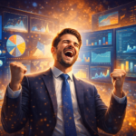 Pessoa comemorando uma vitória profissional diante de dashboards de análise de dados, simbolizando decisões estratégicas baseadas em dados.