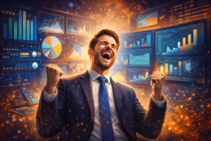 Pessoa comemorando uma vitória profissional diante de dashboards de análise de dados, simbolizando decisões estratégicas baseadas em dados.