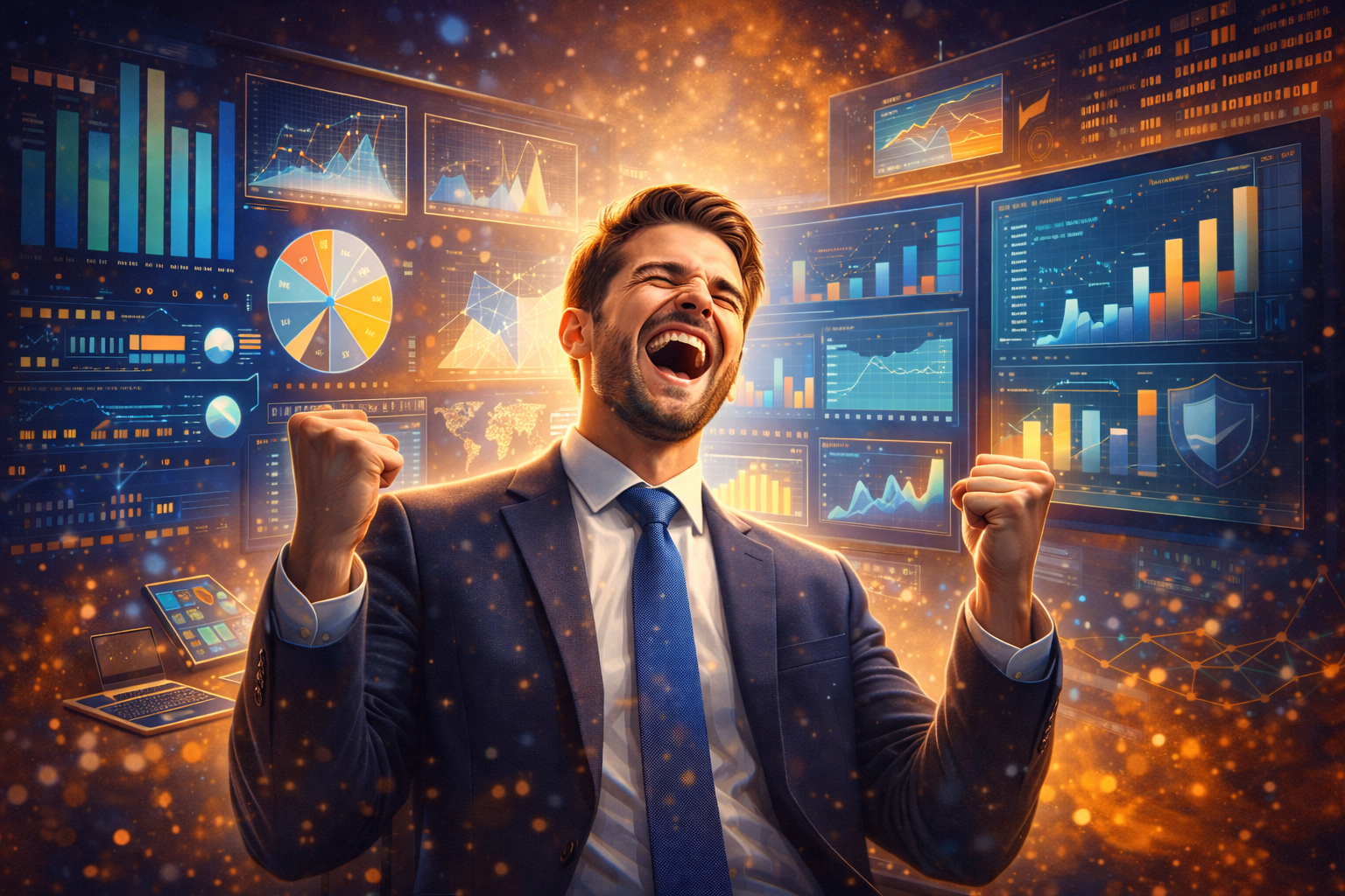 Pessoa comemorando uma vitória profissional diante de dashboards de análise de dados, simbolizando decisões estratégicas baseadas em dados.