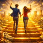 Duas pessoas subindo uma escada dourada em direção à prosperidade financeira, simbolizando mudança de vida e crescimento econômico.
