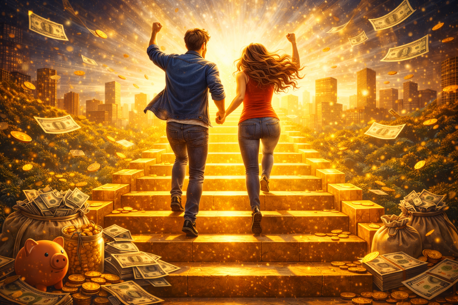 Duas pessoas subindo uma escada dourada em direção à prosperidade financeira, simbolizando mudança de vida e crescimento econômico.