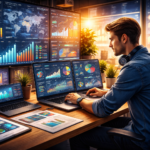 Analista de dados analisando dashboards e gráficos para apoiar decisões estratégicas de negócio.