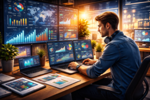 Analista de dados analisando dashboards e gráficos para apoiar decisões estratégicas de negócio.