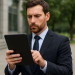Homem de negócios concentrado segurando tablet moderno em ambiente corporativo"