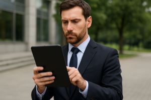 Homem de negócios concentrado segurando tablet moderno em ambiente corporativo"