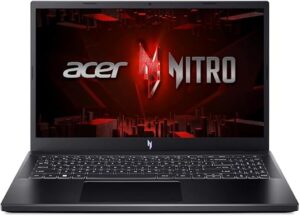 Notebook gamer Acer Nitro V15 aberto sobre a mesa, com tela de 15,6 polegadas Full HD, design gamer moderno, teclado retroiluminado e acabamento robusto, ideal para jogos, edição de vídeo e tarefas de alto desempenho.